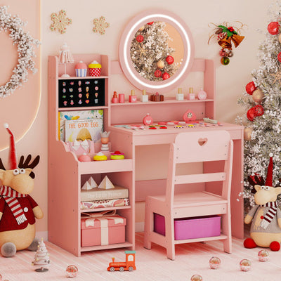 Kids Vanity Desk with Mirror and Lights Princess Pretend Play Dressing Table and Chair Set-Pink