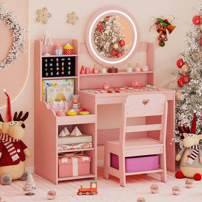 Kids Vanity Desk with Mirror and Lights Princess Pretend Play Dressing Table and Chair Set-Pink
