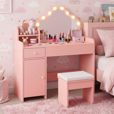 Kids Vanity Desk with Mirror and Lights Princess Pretend Play Dressing Table-Pink