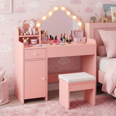 Kids Vanity Desk with Mirror and Lights Princess Pretend Play Dressing Table-Pink