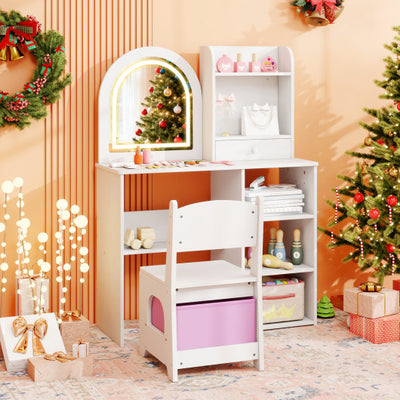 Kids Vanity Set Princess Girls Makeup Vanity Desk with Chair and 3-Color LED Lighted Mirror-White