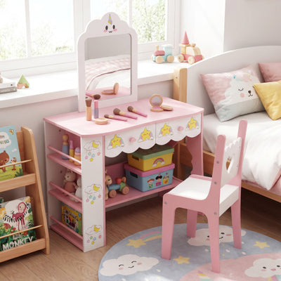 Kids Vanity Set Princess Girls Makeup Table with Mirror and Chair-White