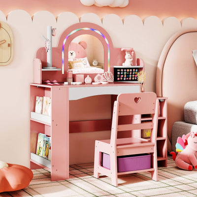 Kids Vanity Set with Colorful LED Lights Princess Makeup Dressing Table with Chair-Pink