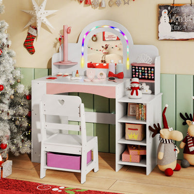 Kids Vanity Set with Colorful LED Lights Princess Makeup Dressing Table with Chair-White