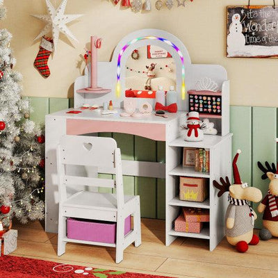 Kids Vanity Set with Colorful LED Lights Princess Makeup Dressing Table with Chair-White