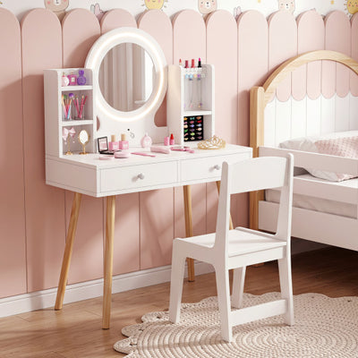 Kids Vanity Set with Lighted Mirror and Storage Drawers-White
