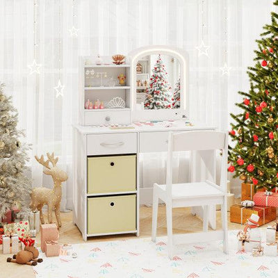 Kids Vanity Set with Lighted Mirror Makeup Desk and Chair Set with Drawers-White