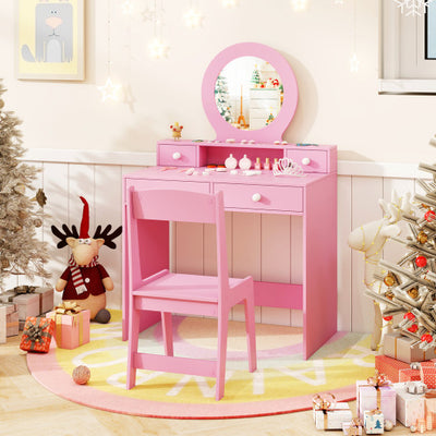 Kids Vanity Set with Mirror Princess Makeup Dressing Desk and Chair Set with Mirror-Pink