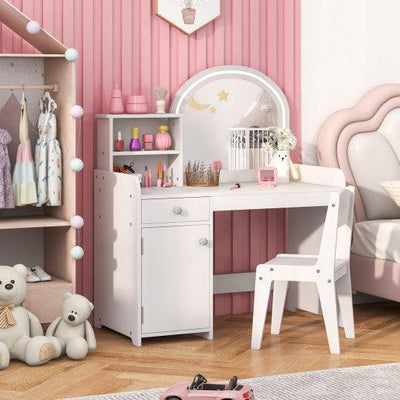 Kids Vanity Table and Chair Set with Shelves Drawer and Cabinet-White