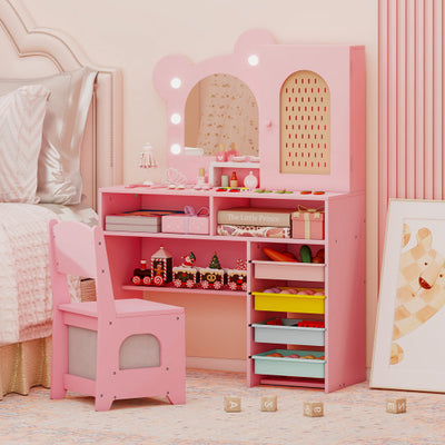 Kids Vanity with Lights and 5 Drawers for Kids Aged 3+ Years Old-Pink