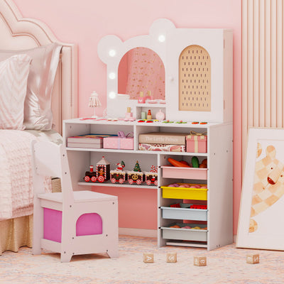 Kids Vanity with Lights and 5 Drawers for Kids Aged 3+ Years Old-White