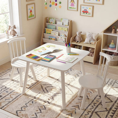 Kids Wooden Table and Chairs Set 3-Piece Toddler Furniture with Pine Wood Frame-White