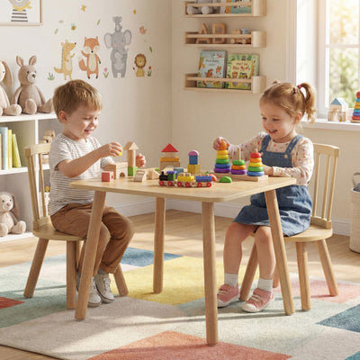Kids Wooden Table and Chairs Set 3-Piece Toddler Furniture with Pine Wood Frame-Natural