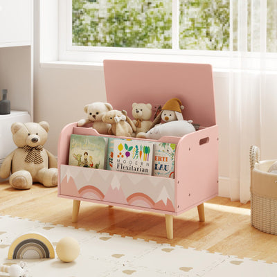 Kids Wooden Toy Box with Front Bookshelf and 4 Solid Wood Legs for Playroom-Pink