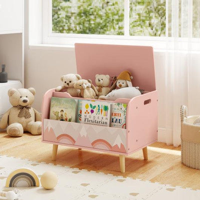 Kids Wooden Toy Box with Front Bookshelf and 4 Solid Wood Legs for Playroom-Pink