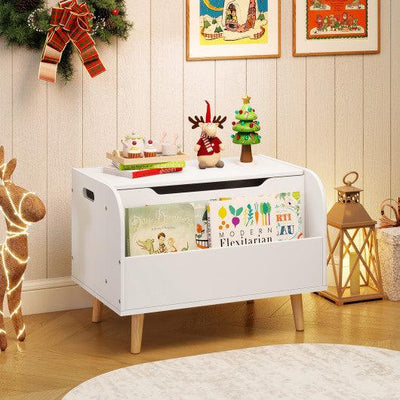 Kids Wooden Toy Box with Front Bookshelf and 4 Solid Wood Legs for Playroom-White