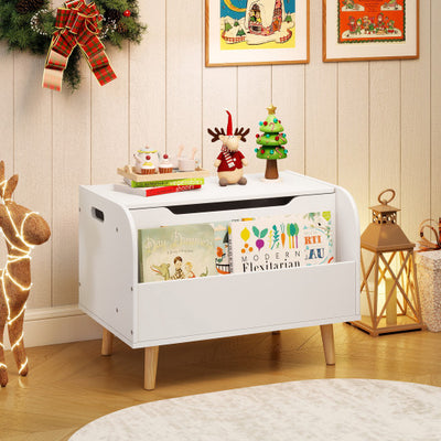 Kids Wooden Toy Box with Front Bookshelf and 4 Solid Wood Legs for Playroom-White