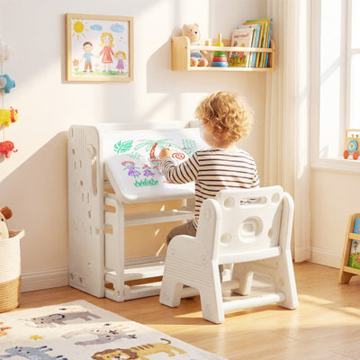 Kids Writing Desk and Chair Set with Side Bookshelves-White