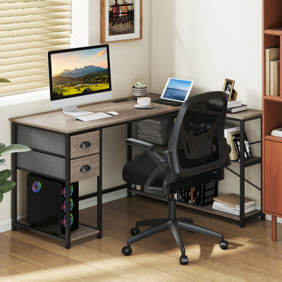 L Shaped Desk with Charging Station Corner Computer Desk with 2 Fabric Drawers-Oak
