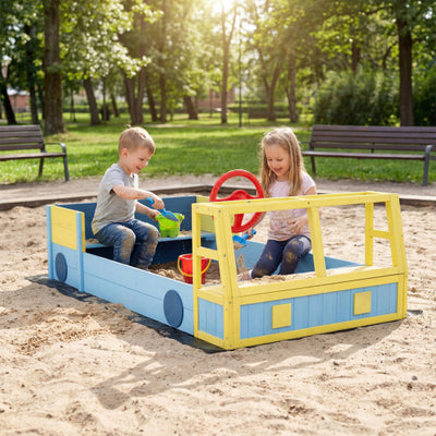 Large Car-Theme Sand Box with Bottom Liner and Fir Wood Frame-Blue