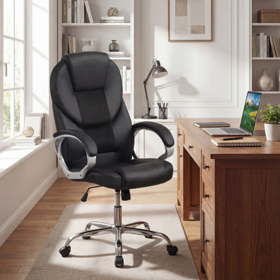 Leather Office Chair Ergonomic Mesh Executive Chair with Padded Armrests and Rocking Backrest-Black