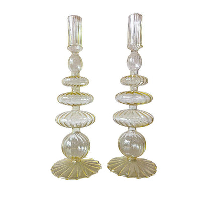 Buttercream Yellow Ribbed Glass Candle Holders ā Pair