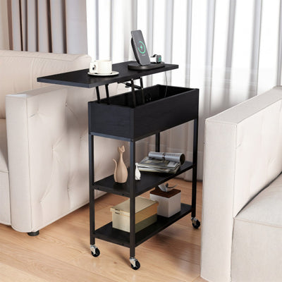 Lift Top End Table with Charging Station and Universal Wheels-Black