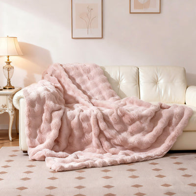 Luxury Fuzzy Plush Rabbit Fur Bubble Blanket for Armchair-Pink