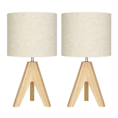 Set of 2 - Solid Wood Tripod Table Lamp with Beige Linen Drum Shade
