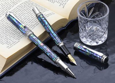 Maestro® Paua Abalone Sea Shell Fountain Pen (Medium Nib) and Rollerball Pen Set - Platinum Plated