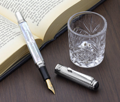 Xezo Maestro® Oceanic White Mother of Pearl Fountain Pen (Medium-Fine 0.45mm Nib) - Chrome Cap