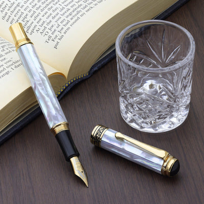 Xezo Maestro® 18K Gold Plated Fountain Pen (Medium-Fine 0.45 mm Nib) - Oceanic White Mother of Pearl