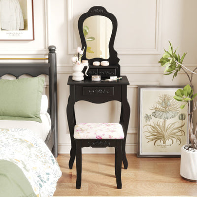 Makeup Dressing Table and Bench 3 Drawers and Cushioned Stool for Girls-Black