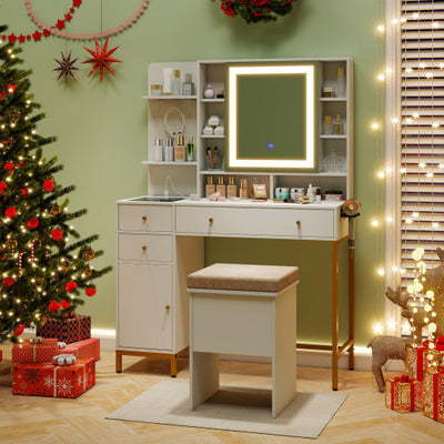 Makeup Dressing Table and Stool set with 3 Lighting Modes and Cabinet-White
