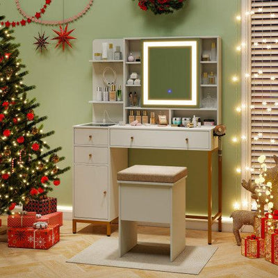 Makeup Dressing Table and Stool set with 3 Lighting Modes and Cabinet-White