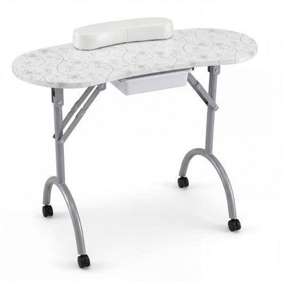 Foldable Portable Manicure Table with Drawer Casters and Cushion-White