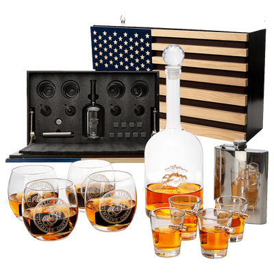 Marine Big Box Wall Decor Murphy with Decanter, 4 whiskey glasses, 4 shot glasses, marine flask, marine gifts
