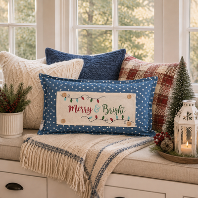 PANEL ONLY RECTANGLE: Holiday Panel: Winter, Christmas Lights, String of Lights, Farmhouse, Red, Green, Blue ; MERRY & BRIGHT