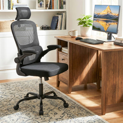 Mesh Office Chair with Adaptive Lumbar Support Flip-up Armrests Reclining Backrest-Black