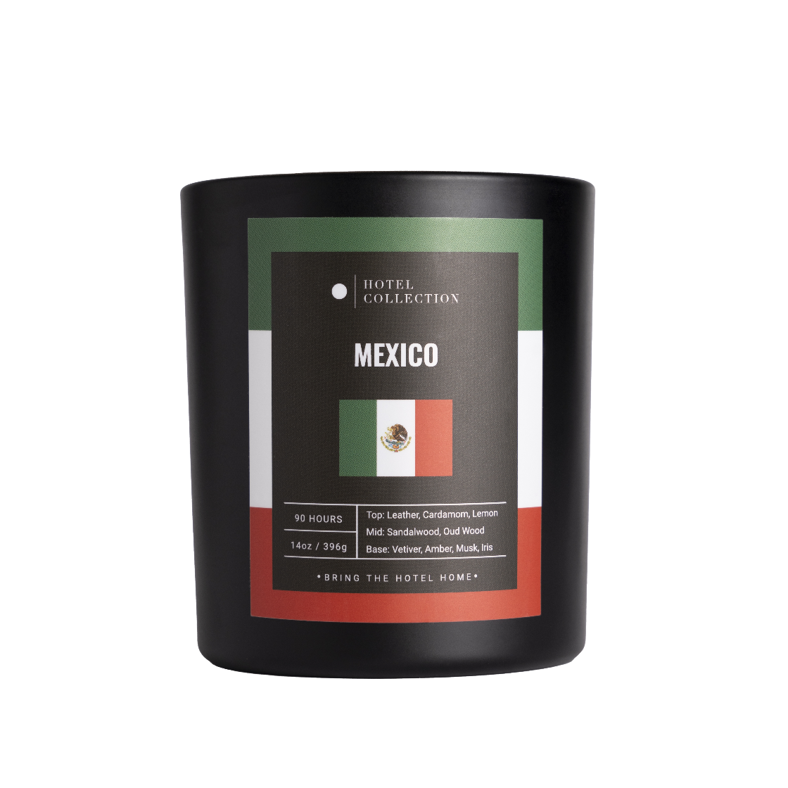 Candle with 'Mexico' label and flag design on a white background