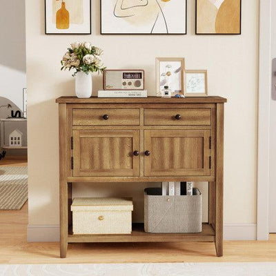 Mid-Century Console Table Wood Coffee Bar Buffet Sideboard with 2 Drawers-Walnut