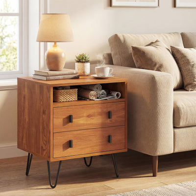 Mid Century Modern 2-Drawer Nightstand with Storage Compartment-Walnut