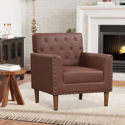 Mid Century Modern Accent Chair with Button Tufted Decoration and Rivets-Brown