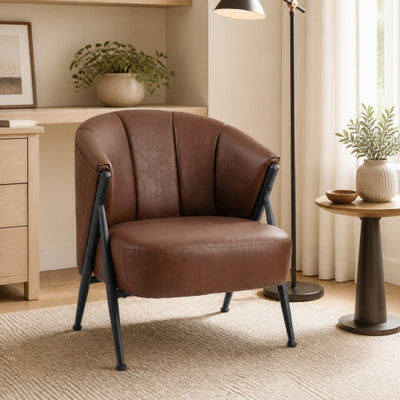 Mid Century Modern Accent Chair with Curved Backrest and Wide Seat Comfy Armchair-Brown