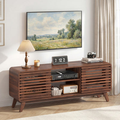 Mid Century Modern Entertainment Center with Grille-style Sliding Doors for Living Room-Walnut