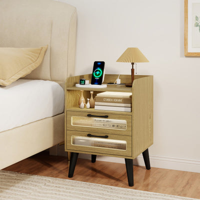 Mid Century Modern Nightstand with Charging Station and LED Lights-Natural