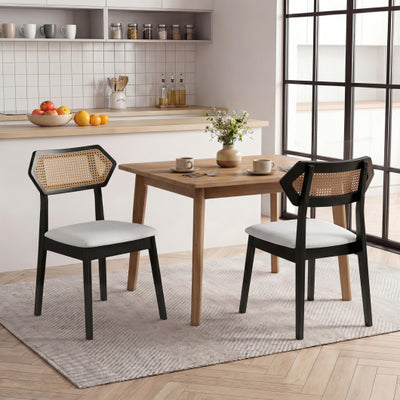 Mid Century Rattan Dining Chairs Set of 2 with Rattan Back and Solid Wood Frame-Black