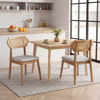 Mid Century Rattan Dining Chairs Set of 2 with Rattan Back and Solid Wood Frame-Natural