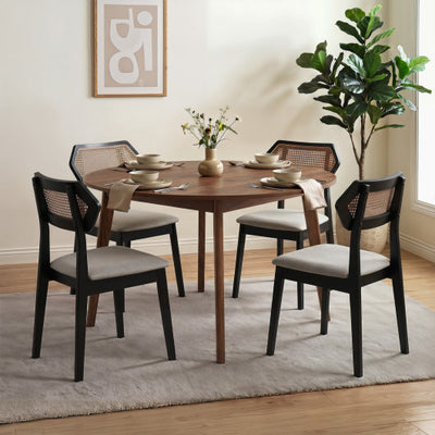 Mid Century Rattan Dining Chairs Set of 4 with Rattan Back-Black