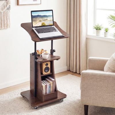 Mobile Podium Stand Height Adjustable Laptop Cart with Tilting Tabletop and Storage Compartments-Brown